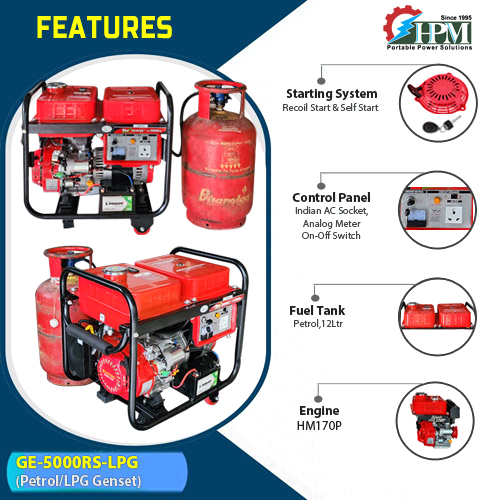 5 KVA LPG Generator, Petrol & LPG RUN, Model GE-5000RS-LPG